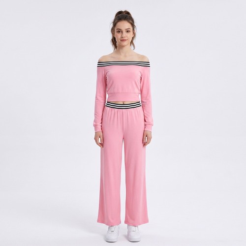Custom Wholesale Pink Off Shoulder Crop Top Wide Leg Pants Set Manufacturer | OEM Sweatsuit factory