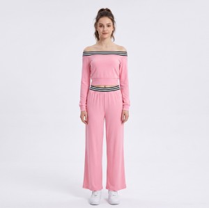 Custom Wholesale Pink Off Shoulder Crop Top Wide Leg Pants Set Manufacturer | OEM Sweatsuit factory