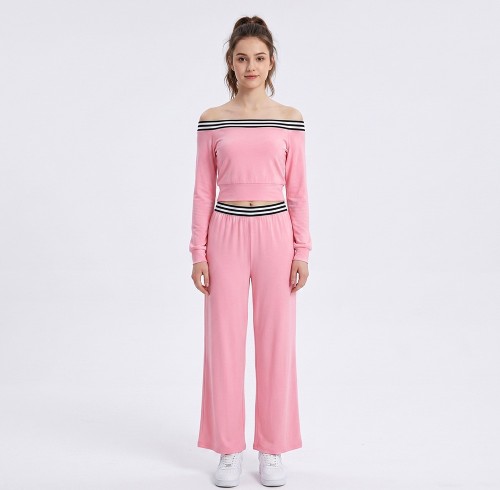 Custom Wholesale Pink Off Shoulder Crop Top Wide Leg Pants Set Manufacturer | OEM Sweatsuit factory