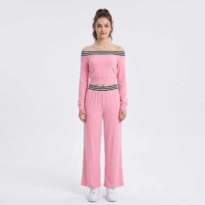 Custom Wholesale Pink Off Shoulder Crop Top Wide Leg Pants Set Manufacturer | OEM Sweatsuit factory