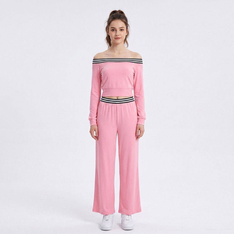 Custom Wholesale Pink Off Shoulder Crop Top Wide Leg Pants Set Manufacturer | OEM Sweatsuit factory