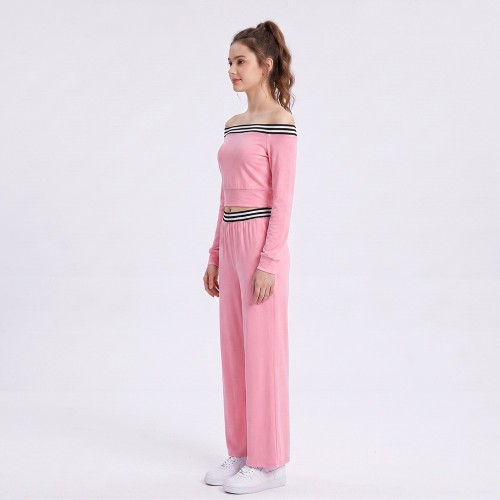 Custom Wholesale Pink Off Shoulder Crop Top Wide Leg Pants Set Manufacturer | OEM Sweatsuit factory
