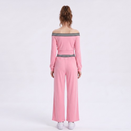 Custom Wholesale Pink Off Shoulder Crop Top Wide Leg Pants Set Manufacturer | OEM Sweatsuit factory