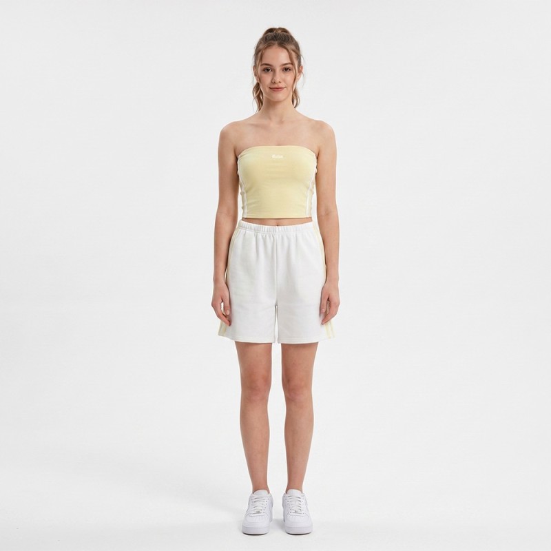 Custom Wholesale Pale Yellow Bandeau Tube Top White Shorts Set Manufacturer | OEM Gym Wear factory