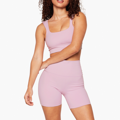 Low Scoop Neck Sports Bra sets Manufacturer |  2 Piece Recyclable Polyester Pink Biker Shorts Set women Factory Supplier