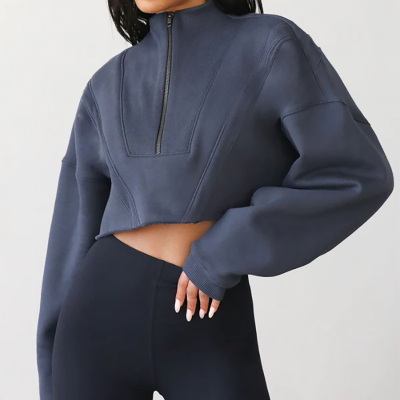 Custom Terry half zipper Hoodies Manufacturer | cropped women loose fit sweatshirt Clothing Factory