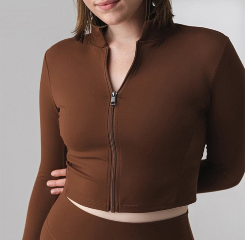 Fabricante de jaquetas de treino com zíper para academia | Fornecedor de jaqueta de ioga com manga comprida e abertura para polegar