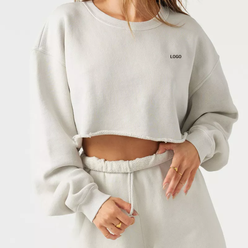 Cotton Loose Crop Top Sweatshirt Manufacturer |  Crew Plain Cotton raw hem Neck sweatshirts Factory