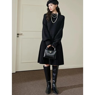 Black half turtleneck knit dress autumn and winter new women's sweater dress pleated skirt patchwork skirt