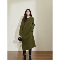Mustard green Maillard POLO collar dress women's new autumn and winter plush straight sweater long skirt