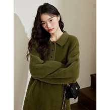 Mustard green Maillard POLO collar dress women's new autumn and winter plush straight sweater long skirt