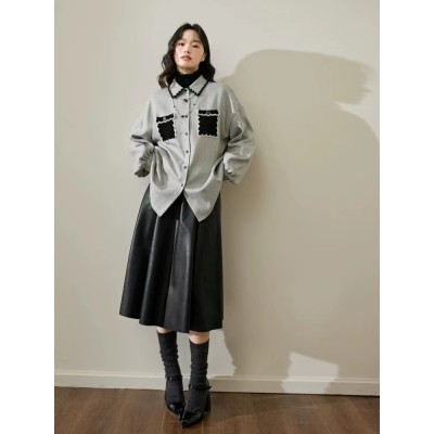 Flower gray small fragrance doll collar shirt jacket women's autumn winter new long sleeve shirt top