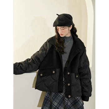 Black lapel cotton jacket women's 2023 new autumn and winter warm woolen stitched short cotton suit