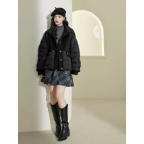 Black lapel cotton jacket women's 2023 new autumn and winter warm woolen stitched short cotton suit