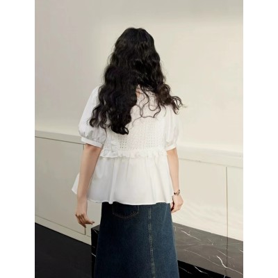 Babydoll ruffle irregular top white shirt women's summer new shirt short sleeve t-shirt