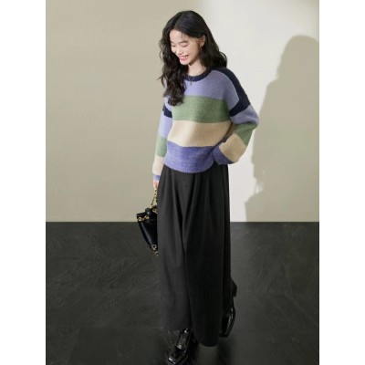 Rainbow striped sweater women's new autumn winter round neck slouchy style retro long-sleeved knit
