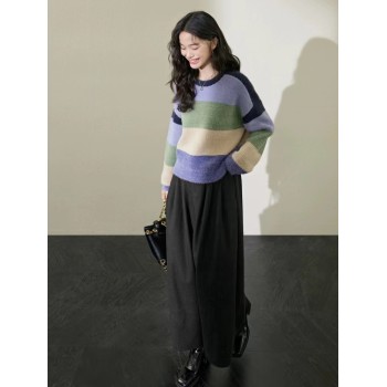 Rainbow striped sweater women's new autumn winter round neck slouchy style retro long-sleeved knit