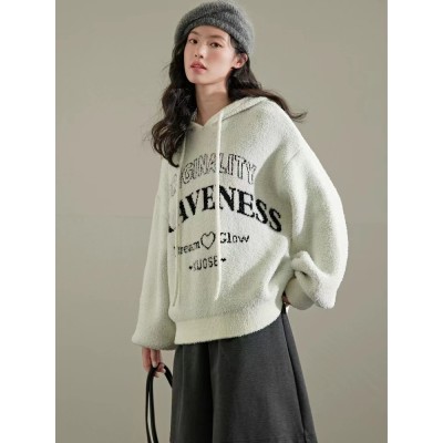 Monogram print lazy style soft glut sweater women's  2023 new autumn and winter hooded sweatshirt polar fleece