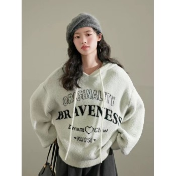 Monogram print lazy style soft glut sweater women's  2023 new autumn and winter hooded sweatshirt polar fleece