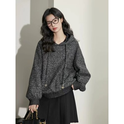 Dark gray hoodie slouchy sweatshirt women 2023 new autumn and winter simple pullover long sleeve top
