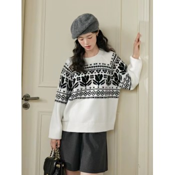 Tulip Fair Isle jacquard sweater autumn winter new women's black and white knitwear loose top