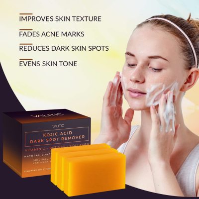 Kojic acid black spot removal soap, containing vitamin C, retinol, collagen, turmeric Japanese original complex, hyaluronic acid, vitamin E, shea butter, olive oil (3 pack)