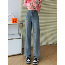 Design sense pocket narrow edition plush wide leg jeans for women's autumn and winter high waisted straight tube American retro slim mop pants