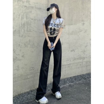 Black straight denim jeans for women in autumn, new niche design, high waist, slim and loose fitting, wide leg long pants