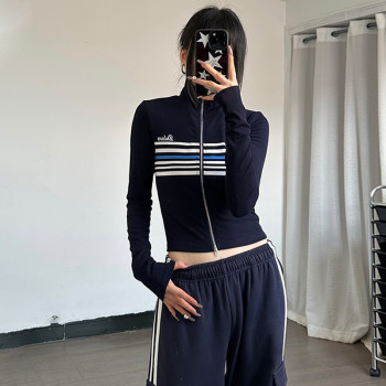 欧美风复古条纹印花拉链开衫长袖上衣女装辣妹高腰修身显瘦短卫衣