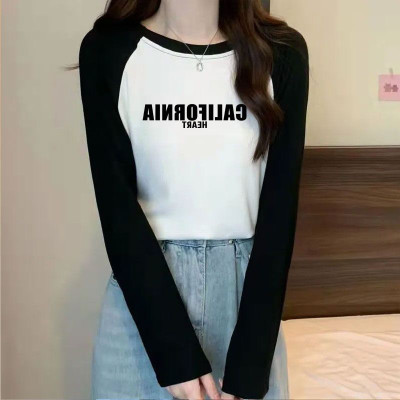 春秋新款美式复古插肩袖撞色上衣女印花内搭打底衫修身长袖T恤女