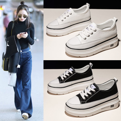 香港同款帆布鞋厚底松糕内增高2023春秋透气百搭休闲单鞋小白女鞋