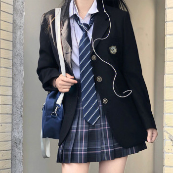 正版JK制服套装原创jk西装女全套校供徽章一粒扣绀色西服外套短款