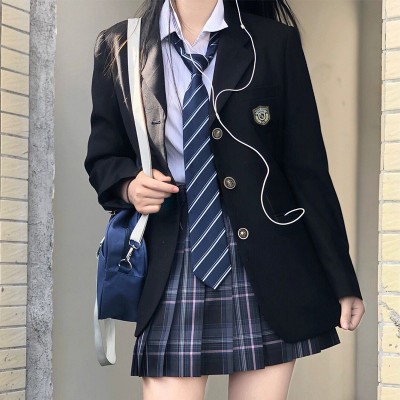 正版JK制服套装原创jk西装女全套校供徽章一粒扣绀色西服外套短款