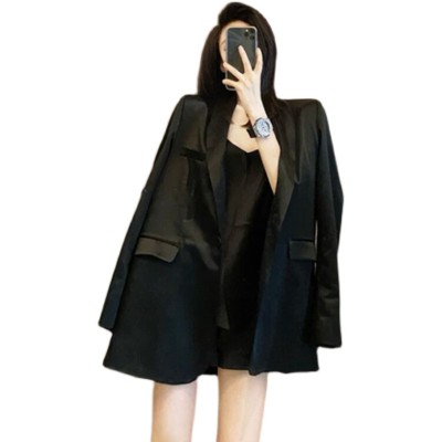 时尚西装外套女2023年春季新款oversize炸街宽松醋酸缎面黑色西服
