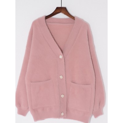 秋季仿水貂温柔风灯笼袖毛茸茸针织开衫慵懒宽松毛衣外套女小个子