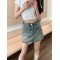Denim skirt high-waisted A-line mid-length fabric soft, comfortable and not wrinkly