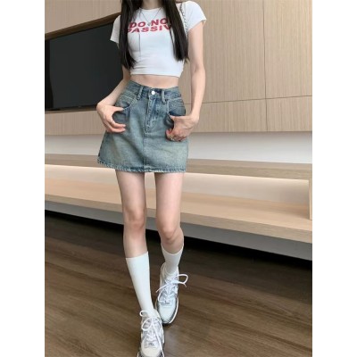 Denim skirt high-waisted A-line mid-length fabric soft, comfortable and not wrinkly