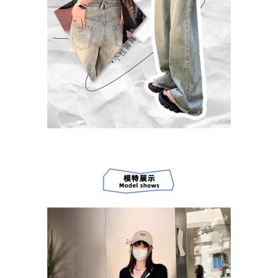 American vintage to do old jeans women's new high-waisted thin wide leg rough edge pants