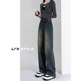 Cement grey retro jeans women 2023 autumn new high-waisted explosive narrow version of autumn and winter plus cashmere straight leg pants