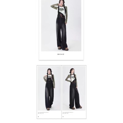 Korean retro black gray suspenders women autumn and winter lazy ins wind loose wide legs look slim casual jeans