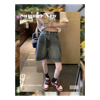 Vintage jeans Women's elastic five quarter pants Summer baggy shorts Slimming medium pants wide leg pants