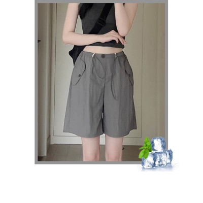 Grey cargo shorts Women's summer thin high waist casual wide leg design sense sports quick drying American fifth pants