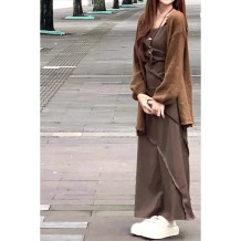 Lazy style retro cardigan coat female autumn and winter temperament suspender long skirt slimming dress two sets of suits