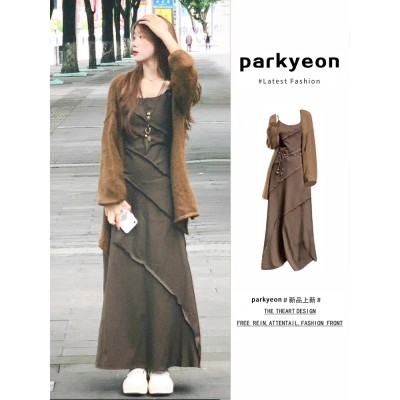 Lazy style retro cardigan coat female autumn and winter temperament suspender long skirt slimming dress two sets of suits