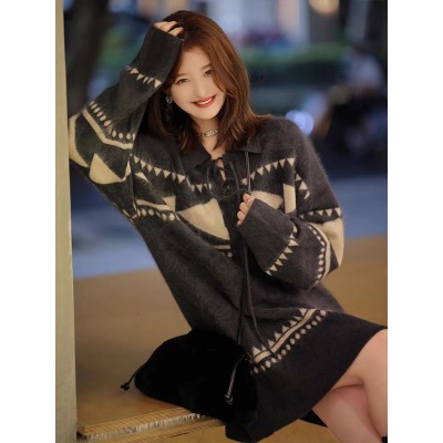 High-grade polo knit dress female 2023 autumn and winter new salt department mature woman thin design dress female