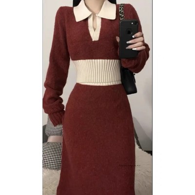 Advanced sense goddess fan slim-fit skirt knitted suit skirt female method Red long-sleeved sweater dress two-piece set