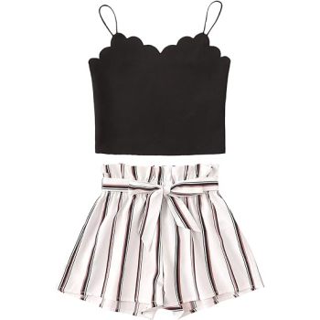 Monkey Clothing Girl's 2 Piece Outfits Scalloped Trim Cami Top and Striped Shorts Set