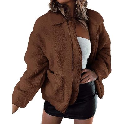 Monkey Clothing Women's 2023 Fashion Winter Coat Long Sleeve Lapel Zip Up Faux Shearling Shaggy Oversized Shacket Jacket
