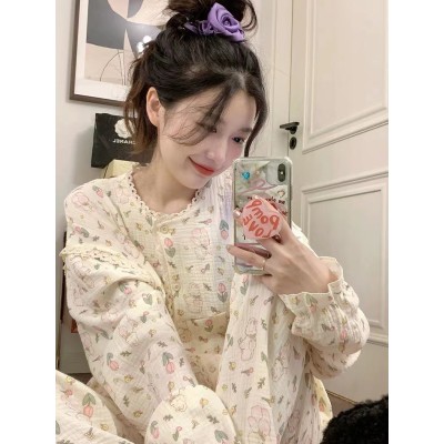 纯棉小兔子睡衣女甜美可爱少女长袖长裤翻领家居服套装可外穿