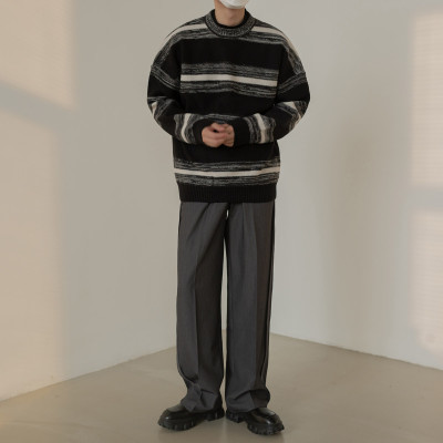 Winter Korean Style Retro Lazy Striped Sweater Men's Thick Round Neck Pullover Casual Loose Long Sleeve Knit